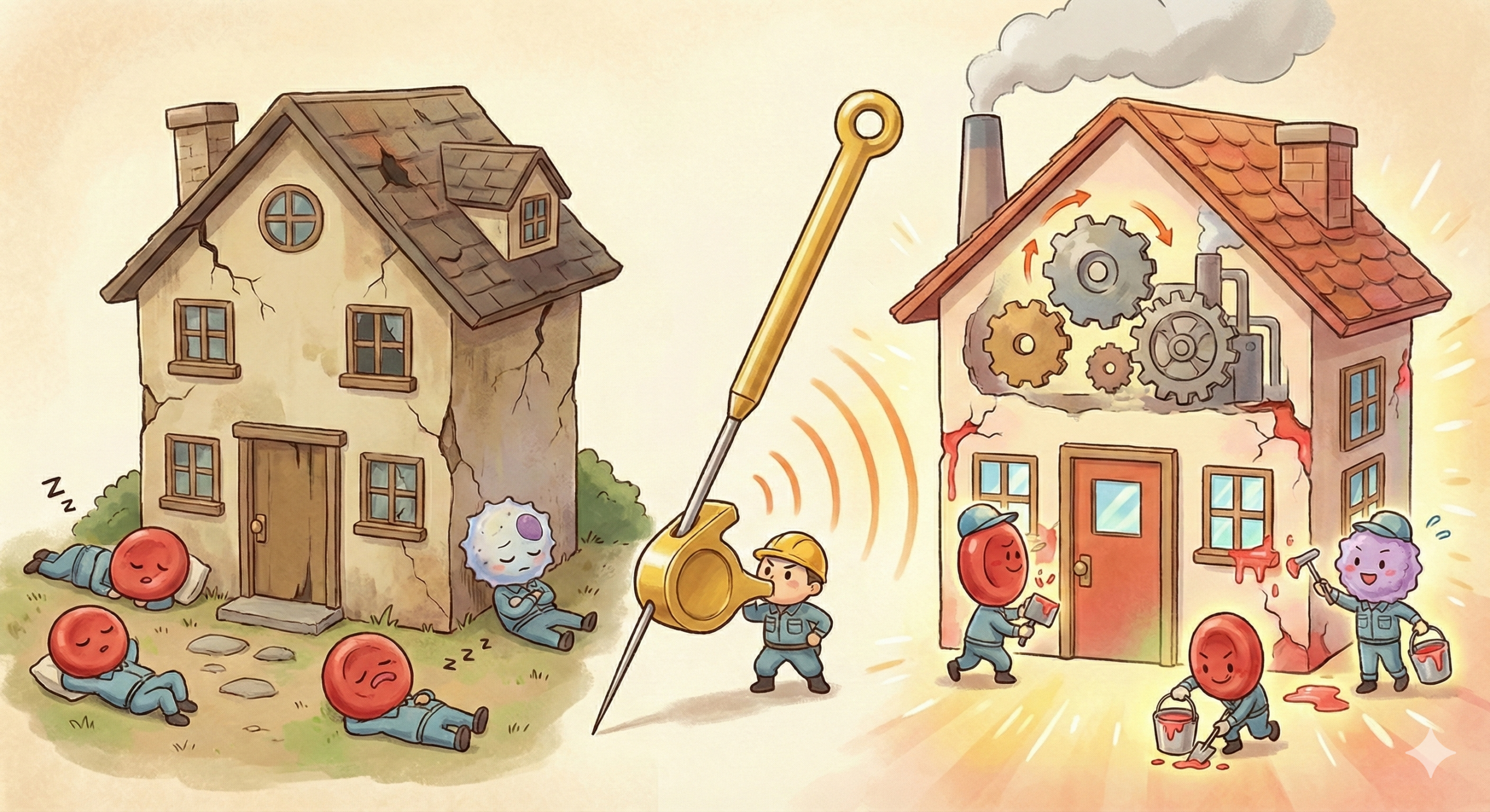 鍼灸のたとえ話:現場監督(鍼)がホイッスルを鳴らすと、サボっていた修復部隊(血液・免疫)が一斉に家の修復(身体の治癒)を始めるイメージ図